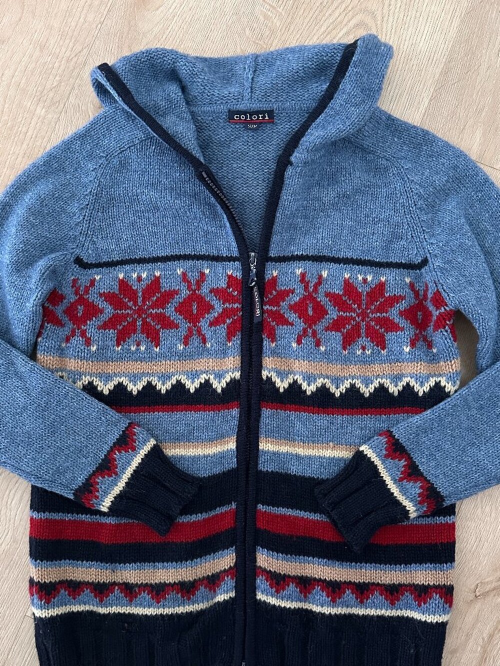 Wool Fair Isle Nordic Scandi Zip Up Hoodie Cardigan Sweater sz S